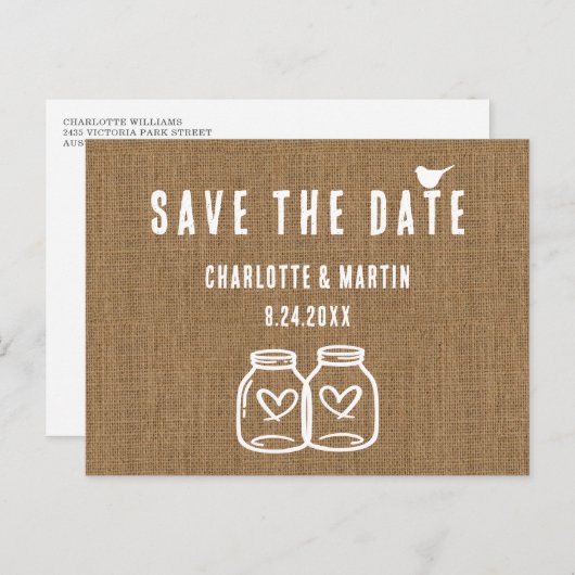 Rustic Country Burlap Wedding Save the Date Aankondigingskaart (Voorkant / Achterkant)