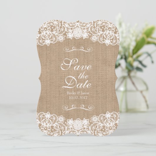 Rustic Country Burlap Wedding Save-the-Date Save The Date (Staand voorkant)