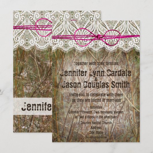Rustic Country Camo Pink Bow Wedding Invitations Kaart (Voorkant / Achterkant)