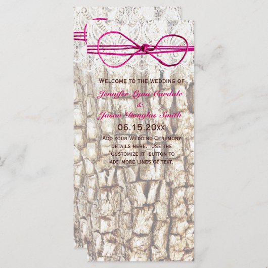 Rustic Country Camo Pink Bow Wedding Invitations Programmakaart (Voorkant / Achterkant)