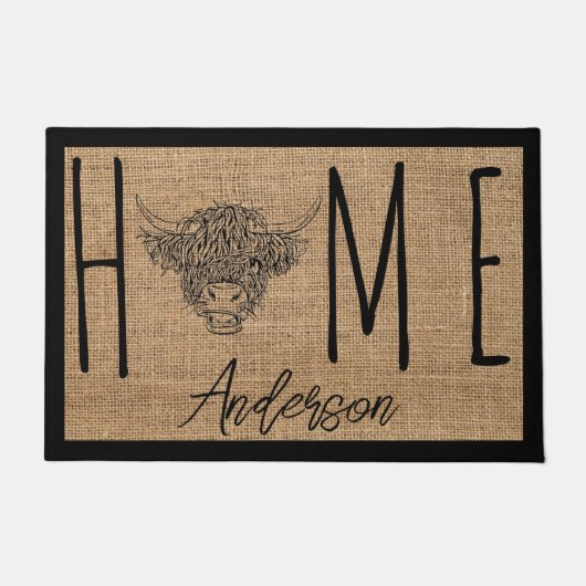Rustic Country Cool Cow Faux Burlap Family Name Deurmat (Voorkant)