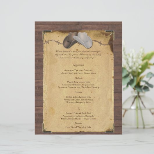 Rustic Country Cowboy Petten Wedding Menu (Staand voorkant)