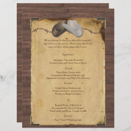 Rustic Country Cowboy Petten Wedding Menu (Voorkant / Achterkant)