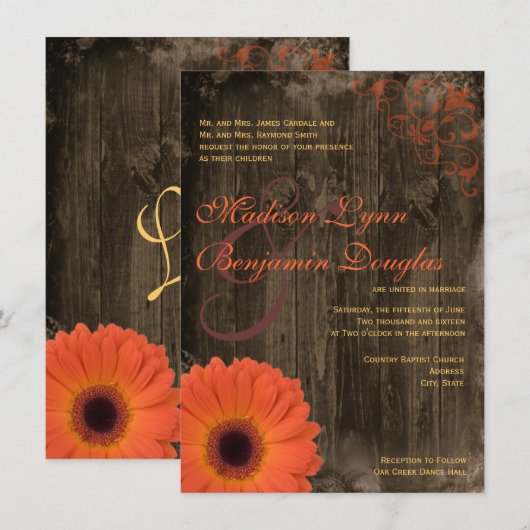 Rustic Country Daisy Barn Wood Wedding Invitations Kaart (Voorkant / Achterkant)