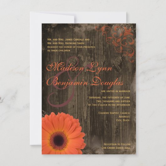 Rustic Country Daisy Barn Wood Wedding Invitations Kaart (Voorkant)