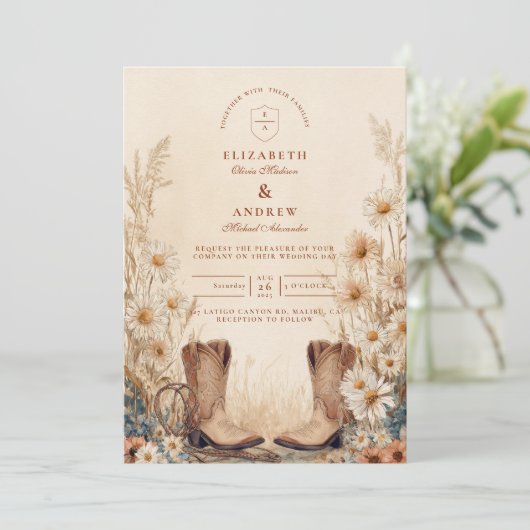Rustic Country Daisy Boots Wedding Kaart (Staand voorkant)