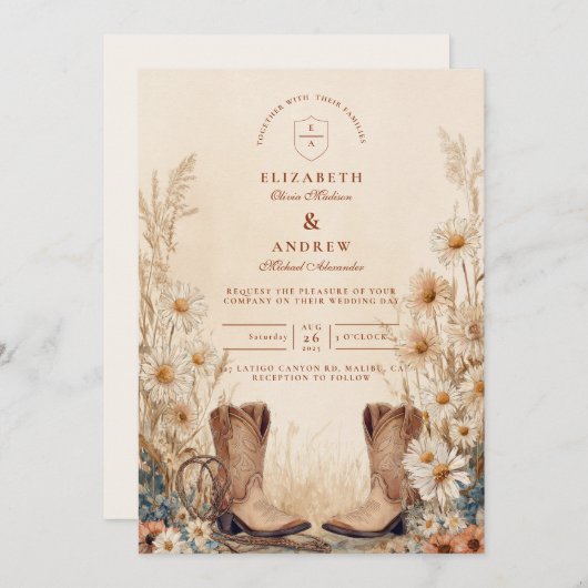Rustic Country Daisy Boots Wedding Kaart (Voorkant / Achterkant)