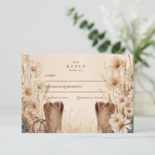 Rustic Country Daisy Boots Wedding RSVP Kaartje (Staand voorkant)