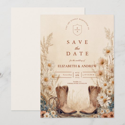 Rustic Country Daisy Boots Wedding Save The Date (Voorkant / Achterkant)