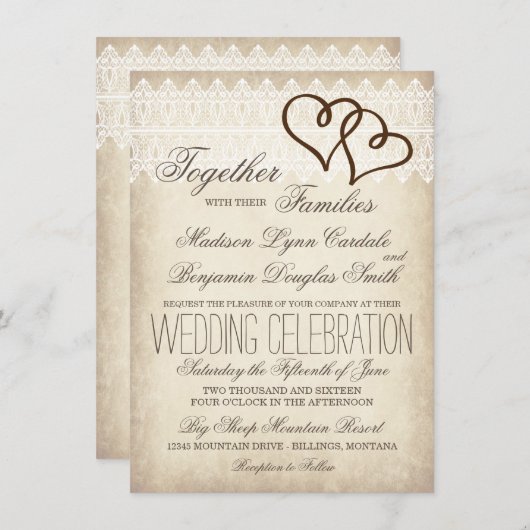 Rustic country Double Hearts Wedding Invitations Kaart (Voorkant / Achterkant)
