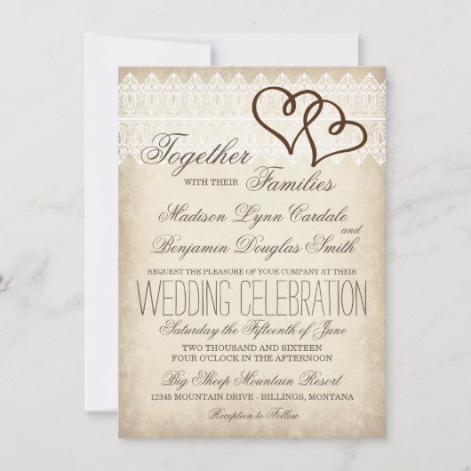 Rustic country Double Hearts Wedding Invitations Kaart (Voorkant)