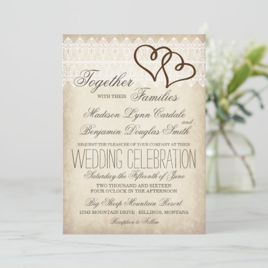 Rustic country Double Hearts Wedding Invitations Kaart (Staand voorkant)