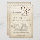 Rustic country Double Hearts Wedding Invitations Kaart (Voorkant / Achterkant)