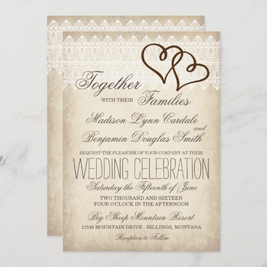 Rustic country Double Hearts Wedding Invitations Kaart (Voorkant / Achterkant)