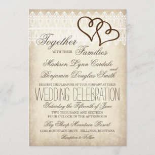 Rustic country Double Hearts Wedding Invitations Kaart