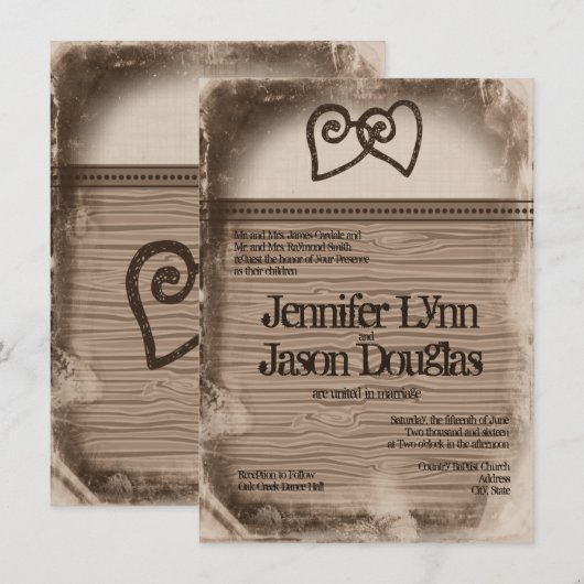 Rustic country Double Hearts Wedding Invitations Kaart (Voorkant / Achterkant)