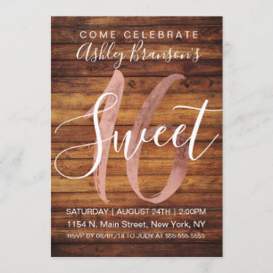 Rustic Country Faux Roos Gold Foil Wood Sweet 16 Kaart