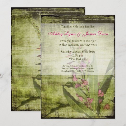 Rustic Country Fireweed Wedding Invitding Pink Kaart (Voorkant / Achterkant)