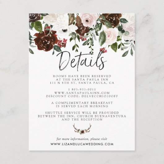 Rustic Country Floral Boho Wedding Guest Details Informatiekaartje (Voorkant)
