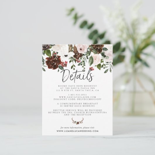 Rustic Country Floral Boho Wedding Guest Details Informatiekaartje (Staand voorkant)