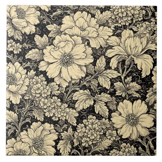 Rustic Country Floral Motifs Monochrome Distressed Tegeltje (Voorkant)
