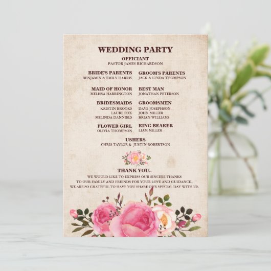 Rustic Country Floral Wedding Program Fan Back Programmakaart (Staand voorkant)