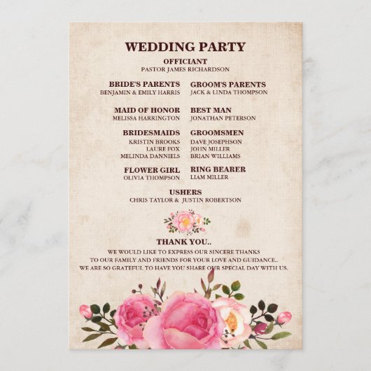 Rustic Country Floral Wedding Program Fan Back Programmakaart (Voorkant)