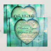 Rustic Country Heart Aqua Wood Wedding Invitations Kaart (Voorkant / Achterkant)