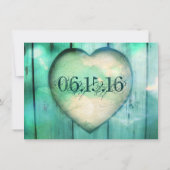 Rustic Country Heart Aqua Wood Wedding Invitations Kaart (Achterkant)