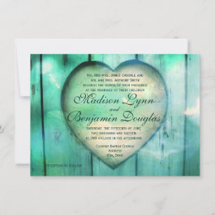 Rustic Country Heart Aqua Wood Wedding Invitations Kaart
