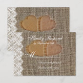Rustic Country Hearts Burlap Lace Wedding RSVP Kaartje (Voorkant / Achterkant)