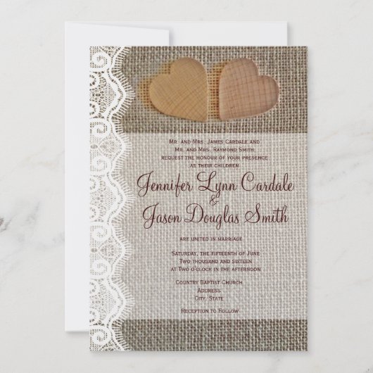 Rustic Country Hearts Burlap Wedding Invites Kaart (Voorkant)