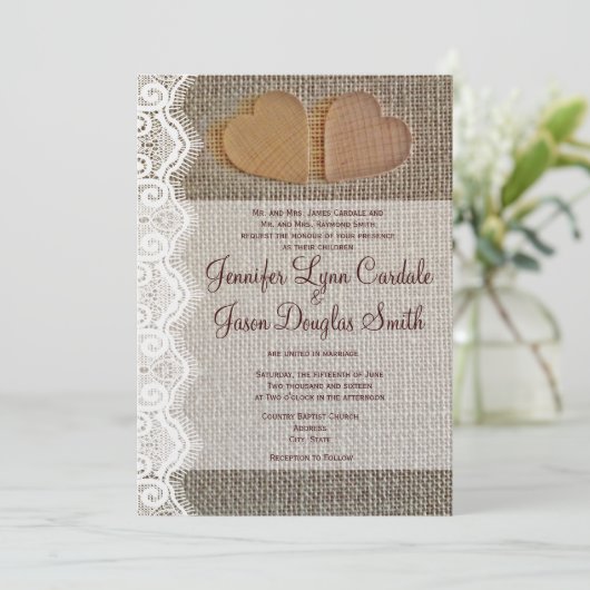 Rustic Country Hearts Burlap Wedding Invites Kaart (Staand voorkant)
