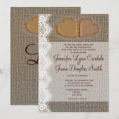 Rustic Country Hearts Burlap Wedding Invites Kaart (Voorkant / Achterkant)