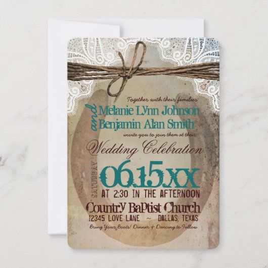 Rustic Country Hoefijzer Blauwgroen Wedding Invita Kaart (Voorkant)