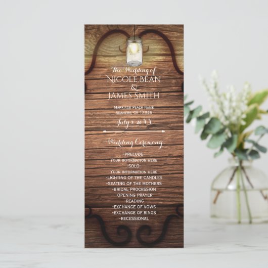 Rustic Country Hout & Verlichte Mason Jars Program Programmakaart (Staand voorkant)