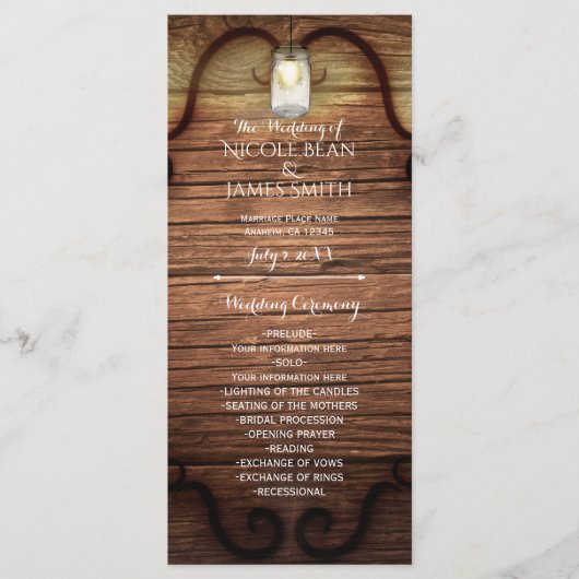 Rustic Country Hout & Verlichte Mason Jars Program Programmakaart (Voorkant)