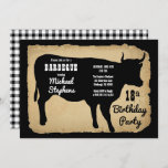 Rustic Country Koe 18th Birthday Party Barbeque Kaart<br><div class="desc">Robuuste boerderijstijl met verouderd,  verscheurd papier en zwart-witte buffels als achtergronden voor een zwarte koe silhouette "BARBEQUE" Birthday Party design by Holiday Hearts Design (rechten voorbehouden).</div>