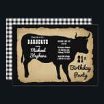 Rustic Country Koe 21st Birthday Party Barbeque Kaart<br><div class="desc">Robuuste boerderijstijl met verouderd,  verscheurd papier en zwart-witte buffels als achtergronden voor een zwarte koe silhouette "BARBEQUE" Birthday Party design by Holiday Hearts Design (rechten voorbehouden).</div>