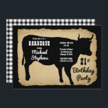 Rustic Country Koe 21st Birthday Party Barbeque Kaart<br><div class="desc">Robuuste boerderijstijl met verouderd,  verscheurd papier en zwart-witte buffels als achtergronden voor een zwarte koe silhouette "BARBEQUE" Birthday Party design by Holiday Hearts Design (rechten voorbehouden).</div>