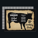 Rustic Country Koe 30th Birthday Party Barbeque Kaart<br><div class="desc">Robuuste boerderijstijl met verouderd,  verscheurd papier en zwart-witte buffels als achtergronden voor een zwarte koe silhouette "BARBEQUE" Birthday Party design by Holiday Hearts Design (rechten voorbehouden).</div>