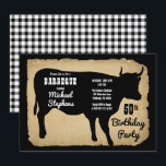 Rustic Country Koe 50th Birthday Party Barbeque Kaart<br><div class="desc">Robuuste boerderijstijl met verouderd,  verscheurd papier en zwart-witte buffels als achtergronden voor een zwarte koe silhouette "BARBEQUE" Birthday Party design by Holiday Hearts Design (rechten voorbehouden).</div>