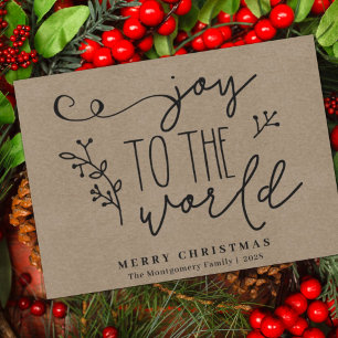 Rustic Country Kraft Joy to the World Handwrite Feestdagenkaart