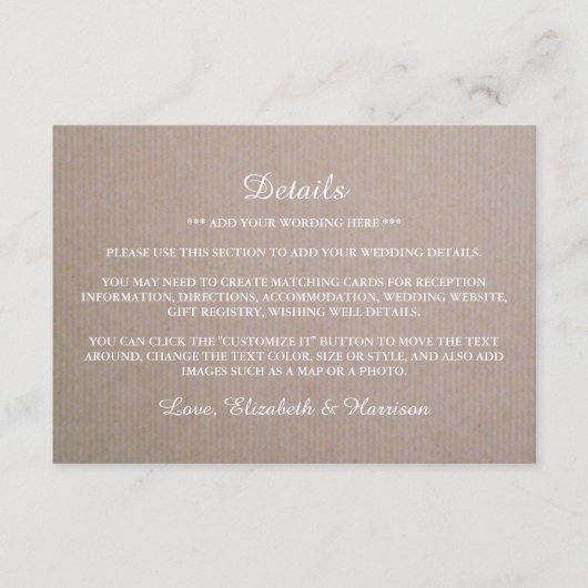 Rustic Country Kraft Wedding Detail Informatiekaartje (Voorkant)