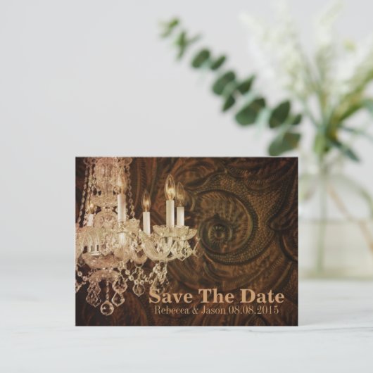 Rustic Country kroonluchter bruiloft save the date Aankondigingskaart (Staand voorkant)