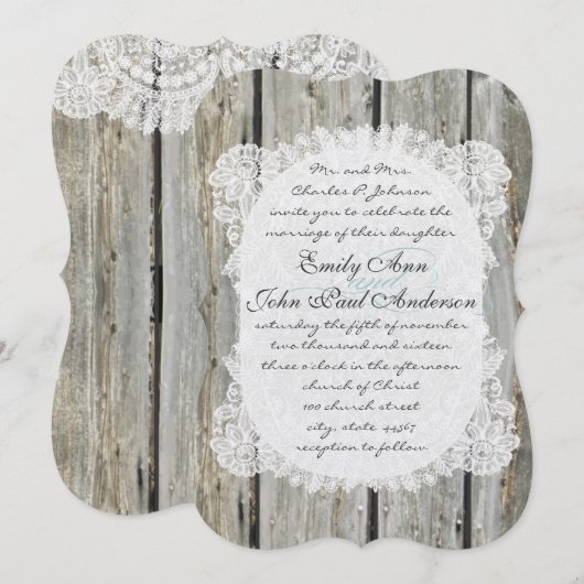 Rustic Country Lace Barn Wood Wedding Invitations Kaart (Voorkant / Achterkant)