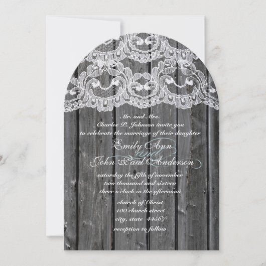 Rustic Country Lace Barn Wood Wedding Invitations Kaart (Voorkant)