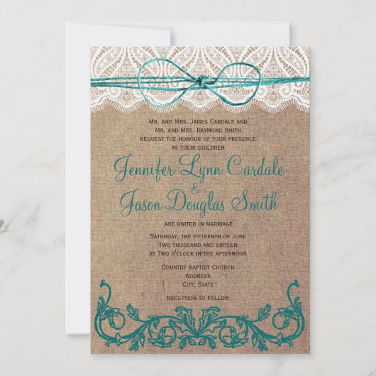 Rustic Country Lace Brown Blauwgroen Wedding Invit Kaart (Voorkant)