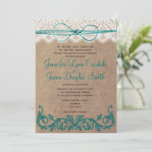 Rustic Country Lace Brown Blauwgroen Wedding Invit Kaart (Staand voorkant)