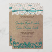 Rustic Country Lace Brown Blauwgroen Wedding Invit Kaart (Voorkant / Achterkant)